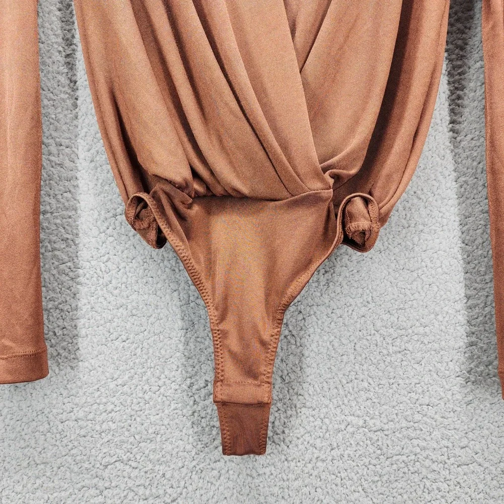 Intimately Free‎ People Brown Long Sleeve Plunging Neckline Ruched Bodysuit XS